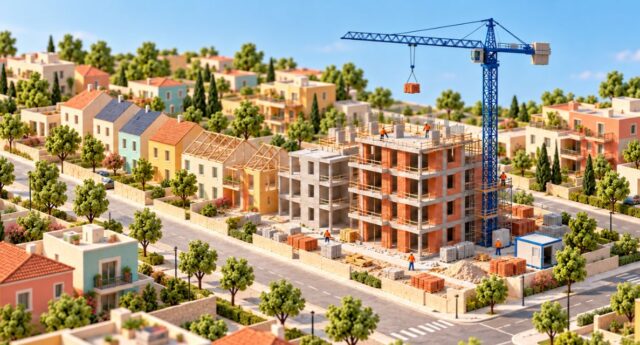 Illustration en maquette d’un quartier avec des maisons et un immeuble en construction sous une grue