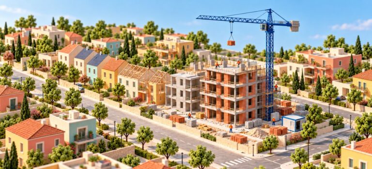 Illustration en maquette d’un quartier avec des maisons et un immeuble en construction sous une grue