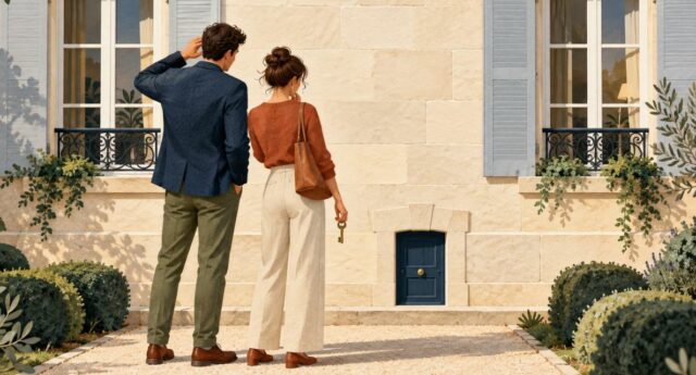Illustration d’un couple tenant une clé devant une porte de maison miniature