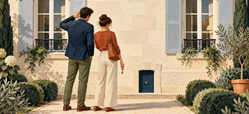 Illustration d’un couple tenant une clé devant une porte de maison miniature