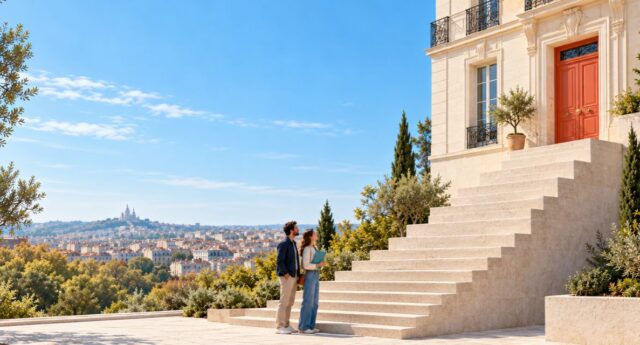 Couple au pied d’un escalier aux marches croissantes menant à un logement, illustration des difficultés d’accès au crédit immobilier