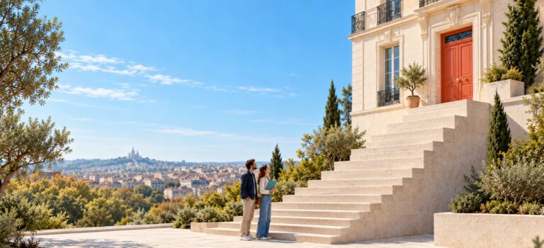 Couple au pied d’un escalier aux marches croissantes menant à un logement, illustration des difficultés d’accès au crédit immobilier