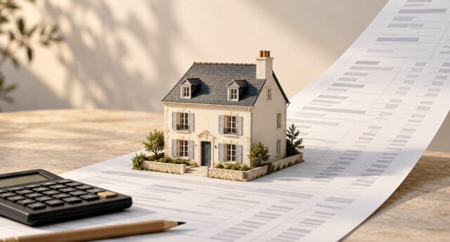 Maison miniature sur un document de financement qui se relève en pente, à côté d’une calculatrice