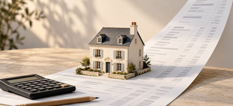 Maison miniature sur un document de financement qui se relève en pente, à côté d’une calculatrice