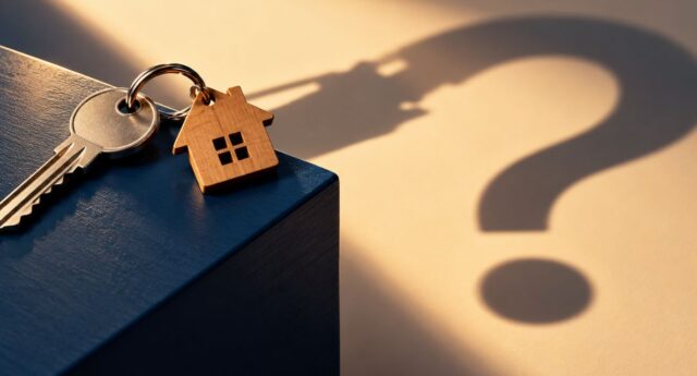 Une clé et un porte-clés en forme de maison projettent une ombre en point d’interrogation