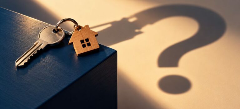 Une clé et un porte-clés en forme de maison projettent une ombre en point d’interrogation
