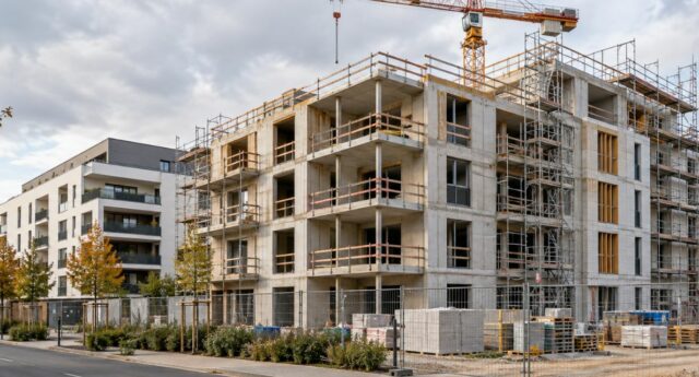 Immeuble de logements collectifs en construction, avec échafaudages et grue