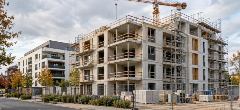 Immeuble de logements collectifs en construction, avec échafaudages et grue