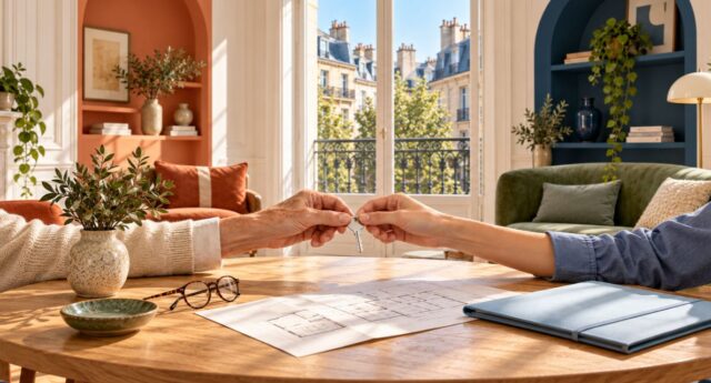 Deux mains de générations différentes tiennent une clé au-dessus d’un plan de logement, illustrant la transmission d’un patrimoine immobilier
