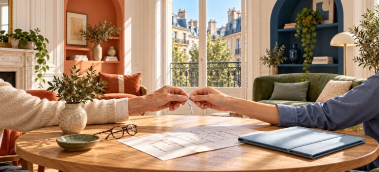 Deux mains de générations différentes tiennent une clé au-dessus d’un plan de logement, illustrant la transmission d’un patrimoine immobilier