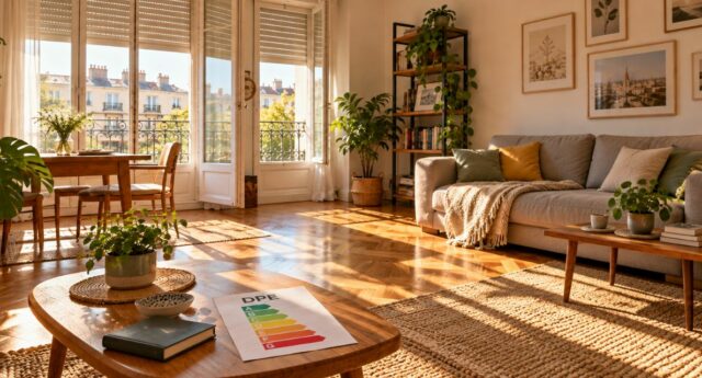 Échelle DPE posée sur une table dans un appartement ensoleillé aux volets partiellement fermés