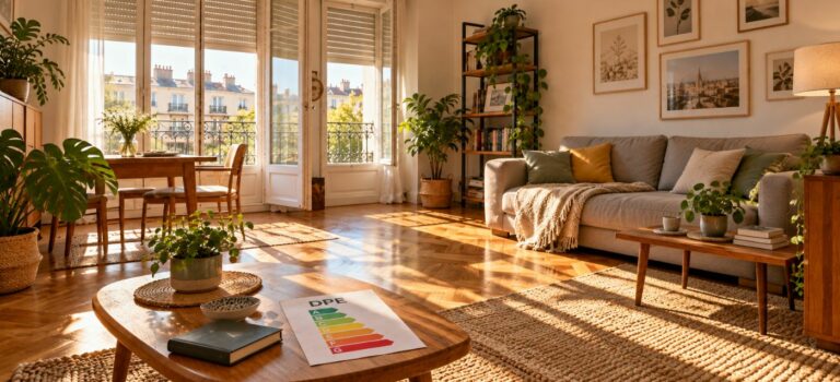 Échelle DPE posée sur une table dans un appartement ensoleillé aux volets partiellement fermés