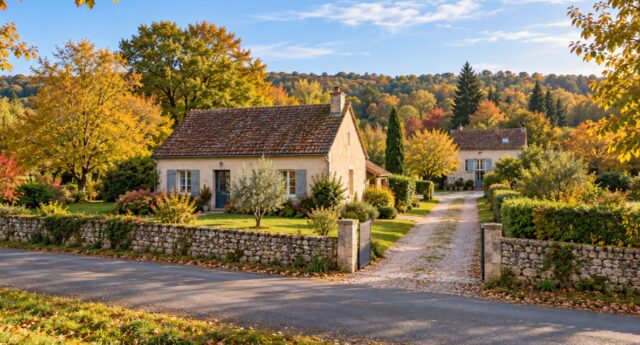 Chemin longeant une première maison pour accéder à une habitation située en retrait