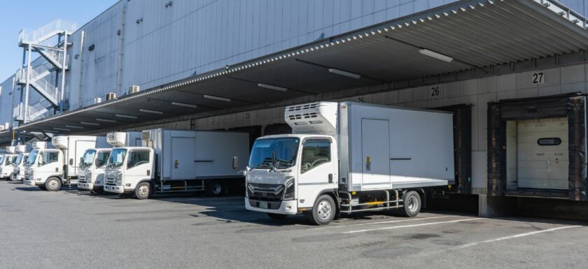 Camions stationnés devant les quais de chargement d’un entrepôt logistique