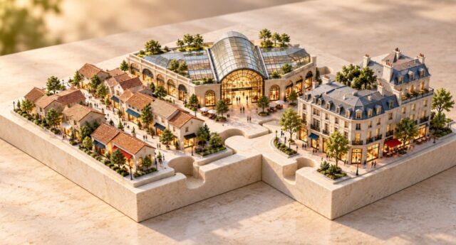 Maquette de commerces et d’un centre commercial assemblés comme les pièces d’un puzzle