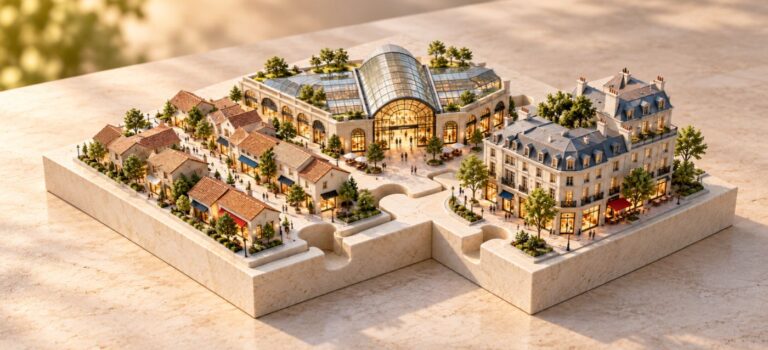 Maquette de commerces et d’un centre commercial assemblés comme les pièces d’un puzzle
