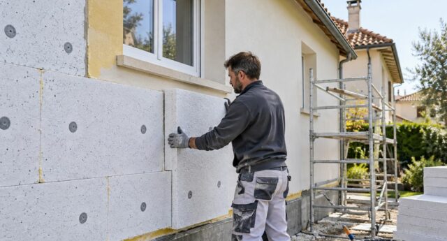 Artisan posant des panneaux d’isolation extérieure sur la façade d’une maison