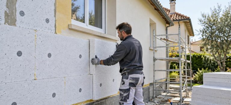 Artisan posant des panneaux d’isolation extérieure sur la façade d’une maison