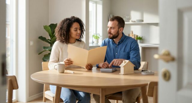 Un couple examine une simulation de crédit immobilier avec une conseillère bancaire