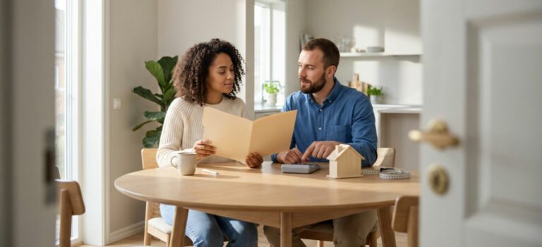 Un couple examine une simulation de crédit immobilier avec une conseillère bancaire