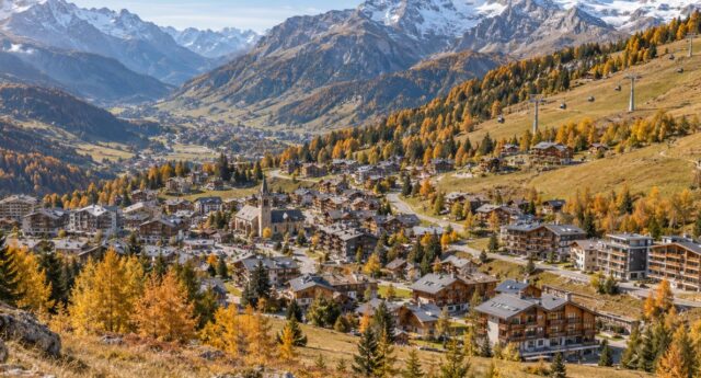 Vue panoramique d’un village de montagne en automne, avec chalets, résidences et télécabines sous des sommets enneigés