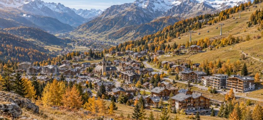 Vue panoramique d’un village de montagne en automne, avec chalets, résidences et télécabines sous des sommets enneigés