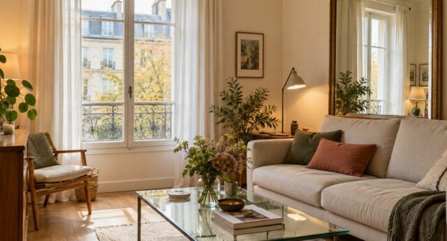 Salon aux murs crème avec voilages, grand miroir près de la fenêtre et table basse en verre.