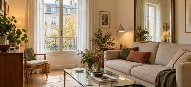 Salon aux murs crème avec voilages, grand miroir près de la fenêtre et table basse en verre.