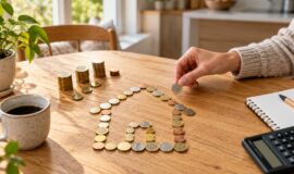 Une main ajoute une pièce à une maison dessinée avec des euros sur une table