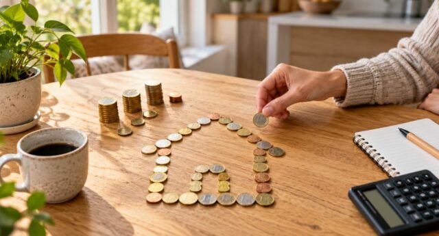Une main ajoute une pièce à une maison dessinée avec des euros sur une table