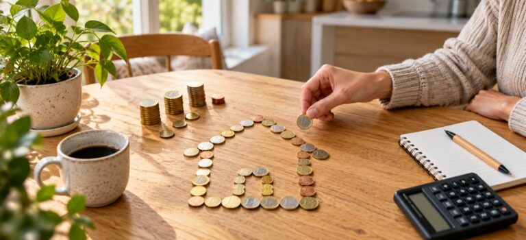 Une main ajoute une pièce à une maison dessinée avec des euros sur une table
