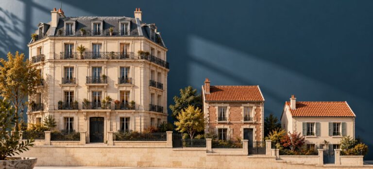 Illustration réaliste d’un immeuble ancien et de maisons franciliennes sur un socle descendant légèrement