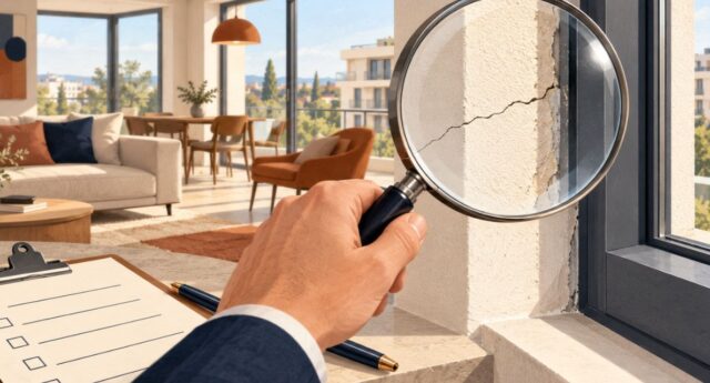 Illustration d’une fissure examinée à la loupe près d’une fenêtre, avec une fiche de contrôle des travaux au premier plan