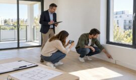 Couple constatant un défaut de plinthe lors de la livraison d’un appartement neuf, en présence d’un professionnel