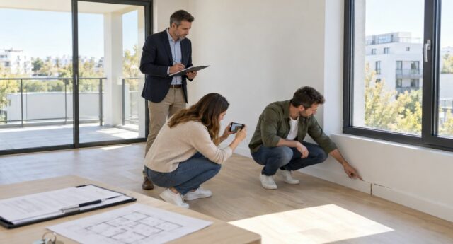 Couple constatant un défaut de plinthe lors de la livraison d’un appartement neuf, en présence d’un professionnel