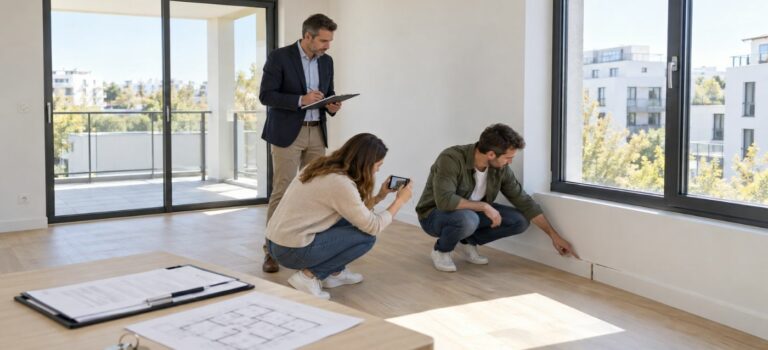 Couple constatant un défaut de plinthe lors de la livraison d’un appartement neuf, en présence d’un professionnel