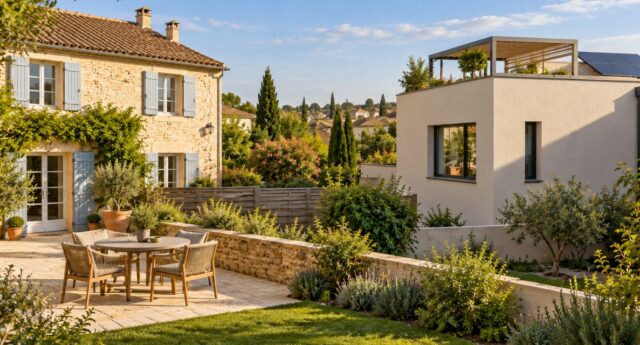Construction contemporaine avec pergola en toiture donnant sur la terrasse d’une maison voisine.