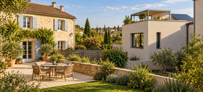 Construction contemporaine avec pergola en toiture donnant sur la terrasse d’une maison voisine.