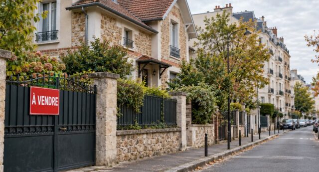 Maison avec un panneau « À vendre » dans une rue bordée d’immeubles résidentiels