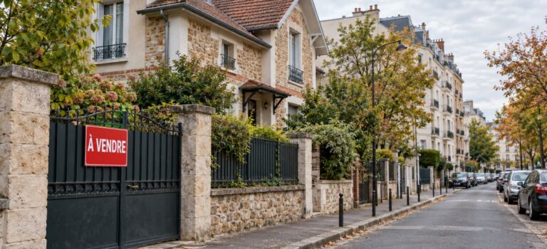 Maison avec un panneau « À vendre » dans une rue bordée d’immeubles résidentiels