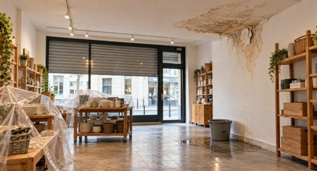 Plafond et mur endommagés par des infiltrations d’eau dans une boutique, avec un seau recueillant les gouttes