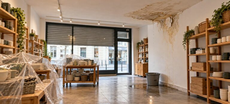 Plafond et mur endommagés par des infiltrations d’eau dans une boutique, avec un seau recueillant les gouttes