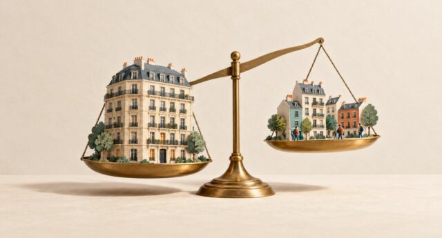 Balance portant un grand immeuble résidentiel d’un côté et plusieurs petits bâtiments avec des étudiants de l’autre