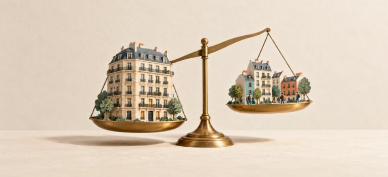 Balance portant un grand immeuble résidentiel d’un côté et plusieurs petits bâtiments avec des étudiants de l’autre