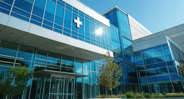 Façade d’un établissement de santé avec son entrée et ses accès aménagés