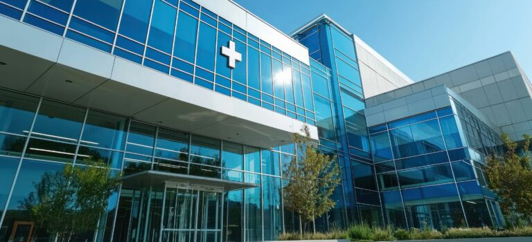Façade d’un établissement de santé avec son entrée et ses accès aménagés