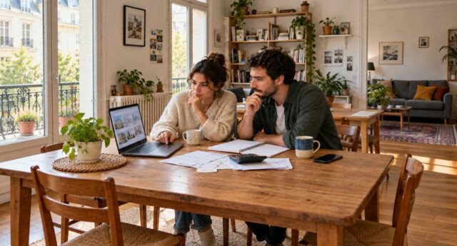 Couple consultant des annonces immobilières et calculant son budget logement