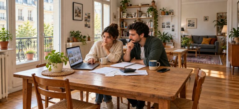 Couple consultant des annonces immobilières et calculant son budget logement
