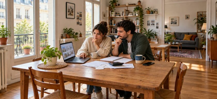 Couple consultant des annonces immobilières et calculant son budget logement