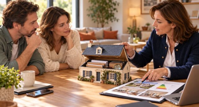 Une conseillère immobilière présente un dossier à un couple, autour d’une maison miniature ouverte contenant des documents